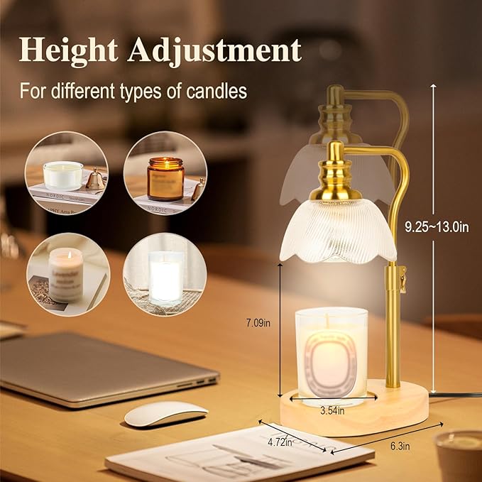 Electric Candle Warmer Lamp with Timer and Dimmer,Height Adjustable and Auto Shup-Off Light Lamps with 2 Bulbs,Fits Wax Melts Scented Warmers Jar Candles,Flameless Home Decor and Gifts