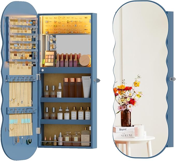 Lvifur Hanging Jewelry Armoires with LED Lights,Blue Jewelry Storage Cabinet Lockable Wavy Mirror Jewelry Organizer, Lockable Frameless Mirror with Storage, LED Jewelry Cabinet Wall/Door Mounted