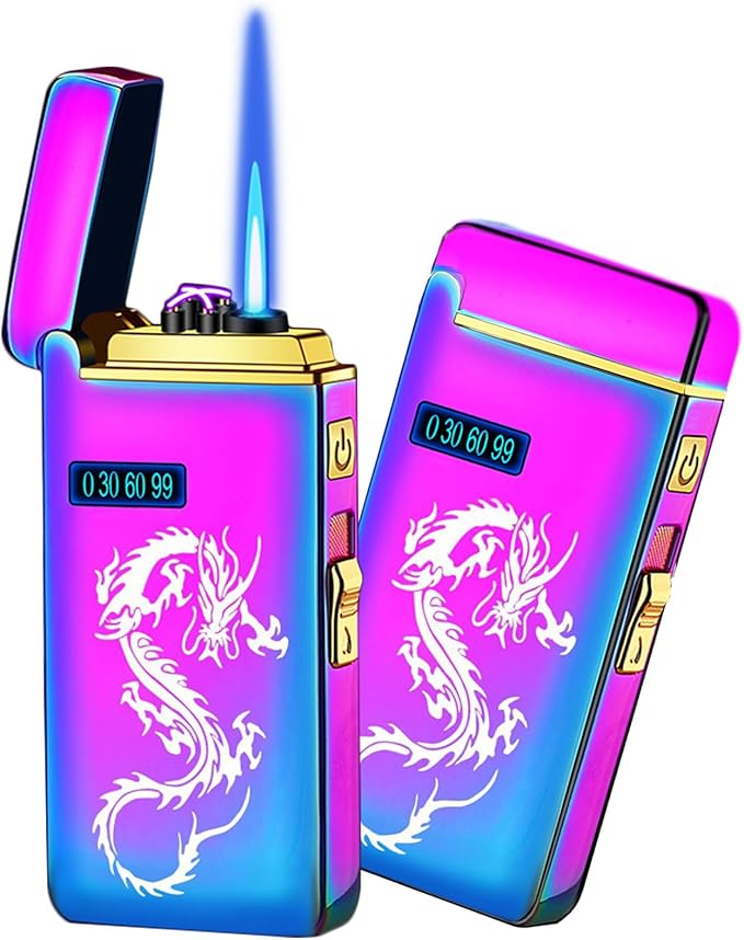 Electronic Lighter Jet Flame Torch Lighters 2 in 1, Refillable Butane Electric USB Rechargeable, Premium Windproof with LED Display Power Infinity for BBQs,Candle,Camping (Color ice Dragon)