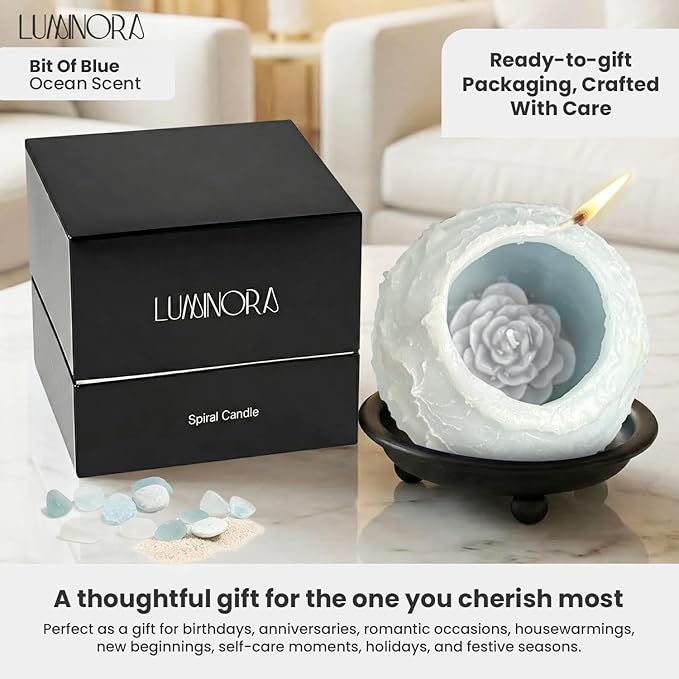 LUMINORA Spiral Scented Candle for Women & Men | Hand-Crafted Decorative Soy Wax Candle | Decor Wick Flower | Unique Twisted Spiral Burn Design | Aromatherapy Candle | Bit of Blue |(Ocean Scent)