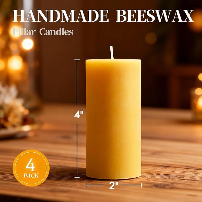 Beeswax Pillar Candles 4 Packs,100% Bees Wax Candles for Home-140 Hours Long Burning for Emergency, Natural Beeswax Candle Bulk for Relax, Pure,Smokeless & Dripless