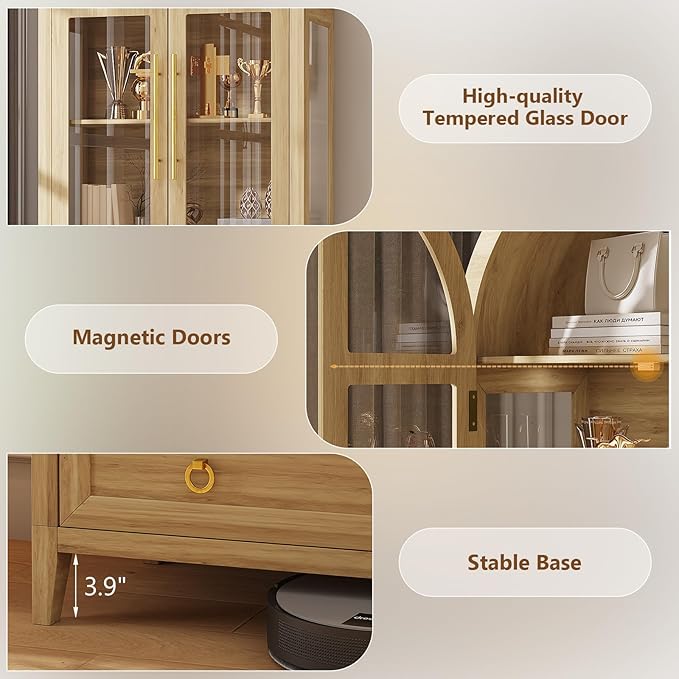 LVSOMT 71" Tall Arched Storage Cabinet with Glass Doors and Drawers, Curio Display Cabinet with Adjustable LED Light & Human Sensor, 4-Tier China Cabinet for Living Room(Wood)
