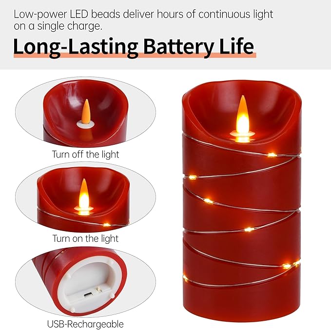 HaitanghuaRechargeable Flickering Candle with String Lights, Remote Control, 2/4/6/8 Hour Timer Function, USB Rechargeable Candle, Real Wax LED Candle, (4/5/6 inches) red, Three-piece Set.