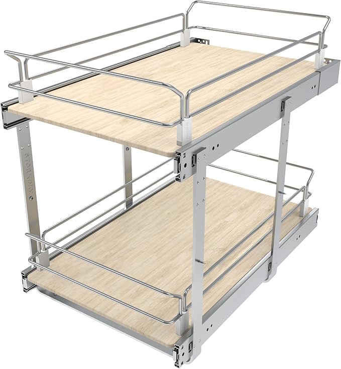 2 Tier Pull Out Cabinet Organizer 15" W X 22" D, Slide Out Drawers For Kitchen Cabinets, Pull Out Drawers For Cabinets Capacity Heavy Duty Caddy, Cabinet Pullout Shelves Wood Chrome, Pantry Storage