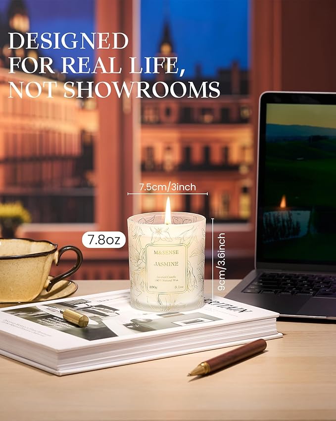 M&SENSE Jasmine Scented Soy Candles, 8.1oz 42-Hour Long Last Burning Time, No Toxin Aromatherapy Stress Relief Home Fragrance for Her