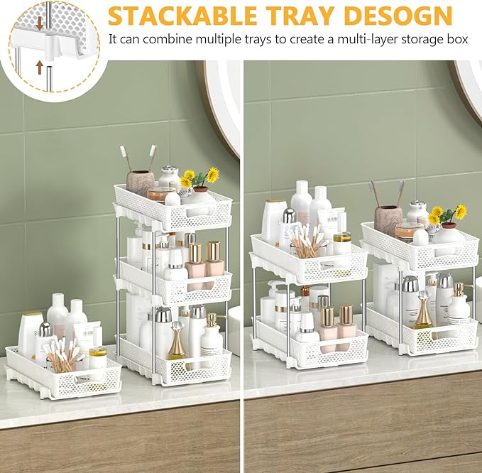 DABIGE 4 Pack Pull Out Bathroom Organizers and Storage, 2 Tier Stackable Under Sink Storage Organizer for Bathroom, Kitchen Cabinet, Pantry, and Medicine Holder, Organization and Storage - White