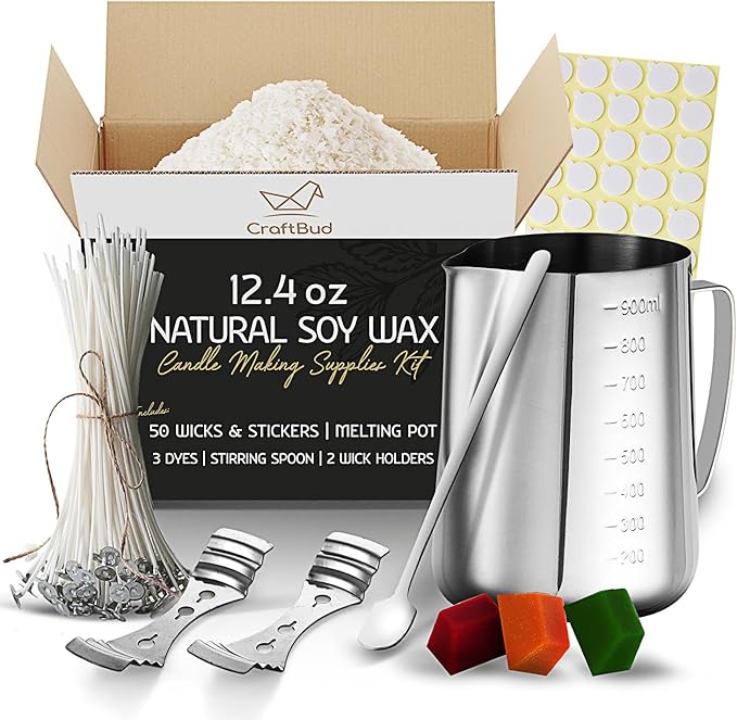 CraftBud Soy Candle Wax for Candle Making – Natural Soy Wax for Candle Making 12.4 Oz Bag, Candle Making Wax, 12.4 Oz Soy Wax Flakes, 50 Candle Wicks, 50 Wick Stickers, and 2 Metal Centering Devices