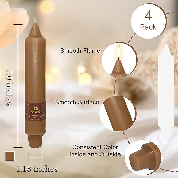 4 PCS Short Taper Candles Brown Candle Tapers Candle Sticks 7 inch for Dinner Household Wedding Party Home Décor Candles