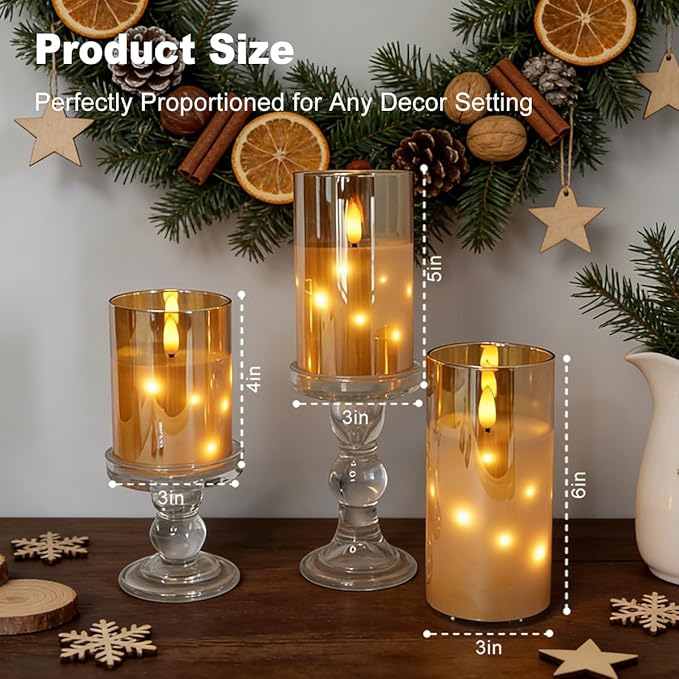 Rechargeable Glass LED Flameless Candles, Embedded Star String Flickering Flameless Candles for Romantic Ambiance and Home Decoration with Remote & Timer(Gold)