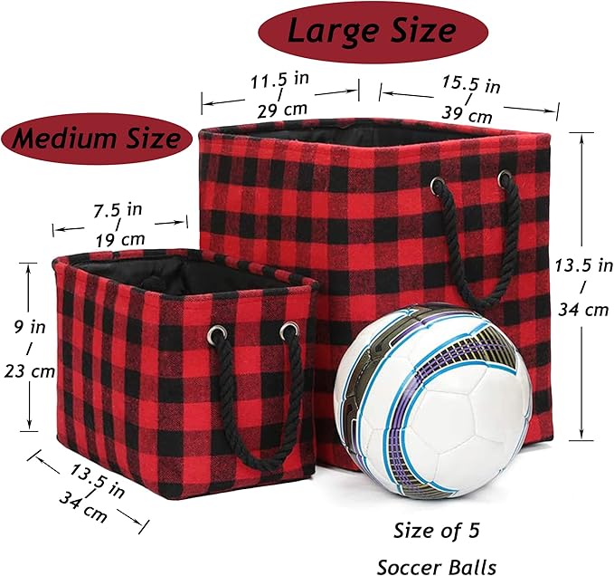 Rectangular Open Storage Baskets Cubes Decorative Home Organizer Containers with Cotton Rope Handles Stylish Storage Solution for Home or Office, Red Black Grid, M