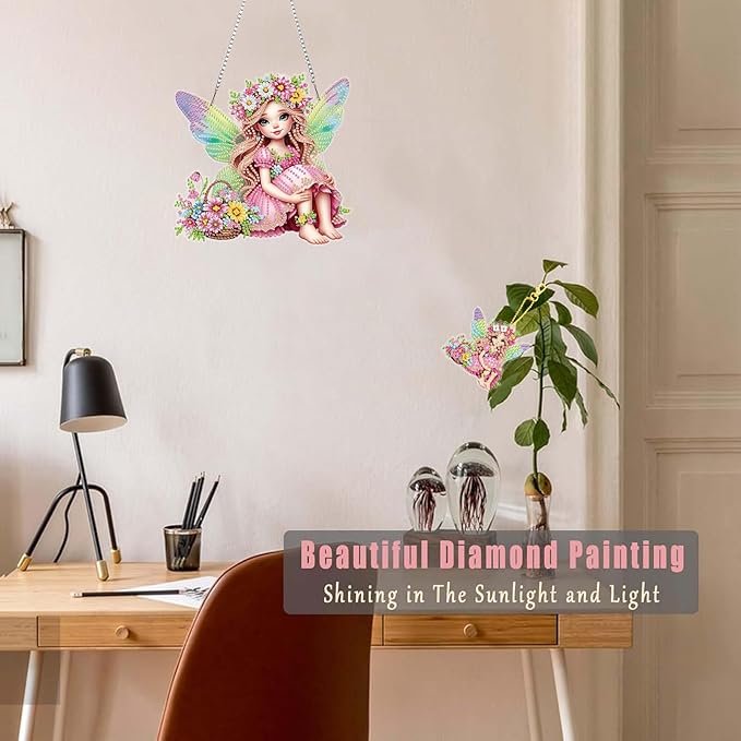 Masendp Fairy Diamond Painting Double-Sided Hanging Ornament Set, DIY Irregular Shaped Rhinestone Window Decoration Set, Suitable for Home and Garden Wall Decoration Gifts
