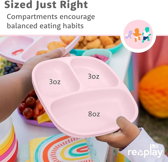 Re-Play Toddler Plates with Dividers - Deep-Walled 3 Compartments Divided Plates for Kids - Dishwasher & Microwave Safe - Made in USA - Set of 4-7.37" x 7.37" x 1.25" - Grey