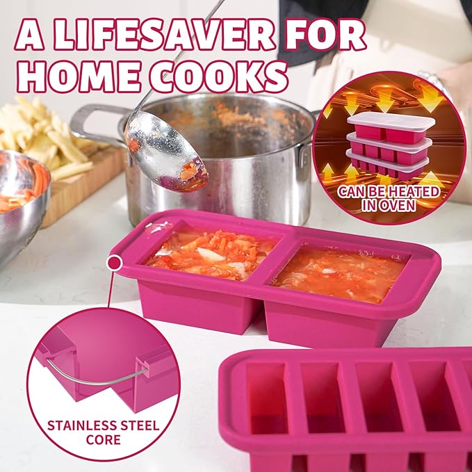 SHIKORI Silicone Freezer Trays with Lid,4-cup Soup Freezer Container large Ice Cube Molds with Reinforced Steel Ring Top for freezing Soup Sauce Broth Leftovers oven Dishwasher-Safe (Cranberry-4 Cup)