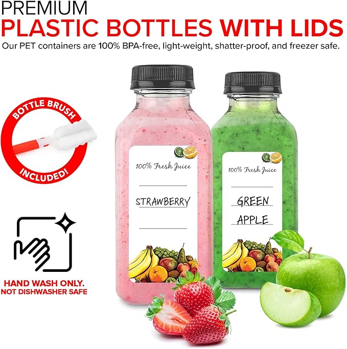 12 oz Juice Bottles with Caps for Juicing (12 pack) - Reusable Clear Empty Plastic Water Bottles - Drink Containers for Mini Fridge, Juicer Shots Includes Labels, Brush & Funnel