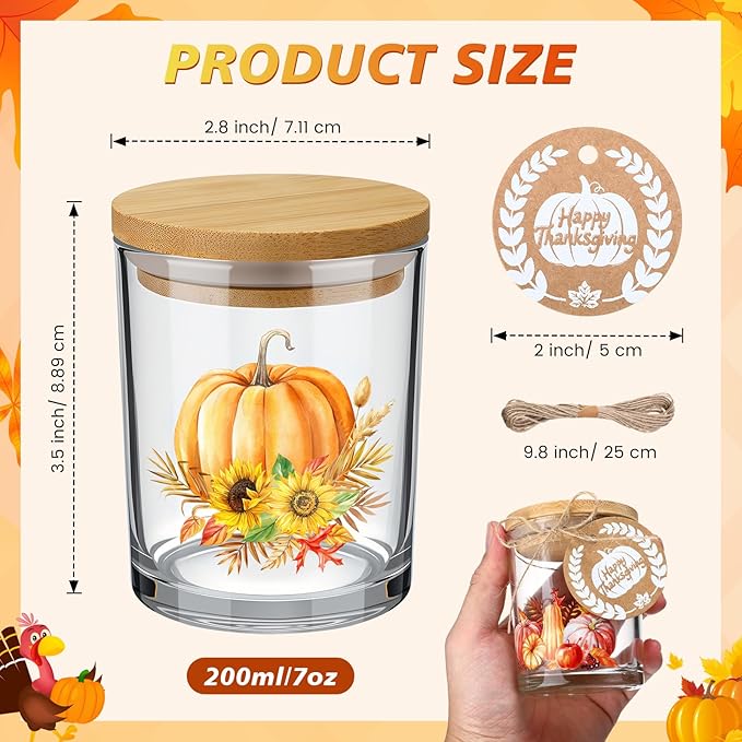 Potchen 12 Pack Thanksgiving Pumpkins Clear Candle Jars for Making Candles 7 oz Empty Glass Jars with Wood Lids and Blessing Card Harvest Candle Containers for DIY Gifts Home Tea Party Holiday Decor