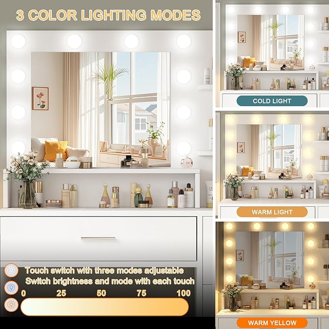 OTOQS Makeup Vanity Desk with Mirror and Light,Dressing Table Set with 3 Color Modes LED Lights,Large and Three Level Storage Dresser, for Bedroom Dressing Room,White