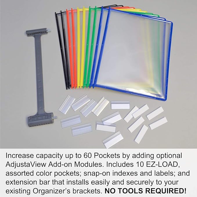 Ultimate Office AdjustaView 10-Pocket Desk Reference Organizer with Easy-Load Pockets and Compact Weighted Base for Maximum Stability (Colored Pockets)