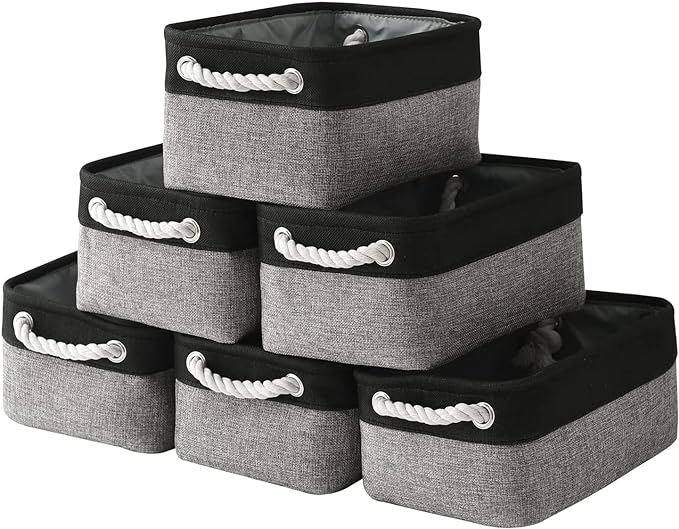 TheWarmHome Storage Basket for Organizing - 12x8x5.2 inch Small 6 Pack Collapsible Storage Bin for Shelves with Rope, Fabric Storage Cubes for Cloth Gift Toy Decorative Organizer (Black & Grey)