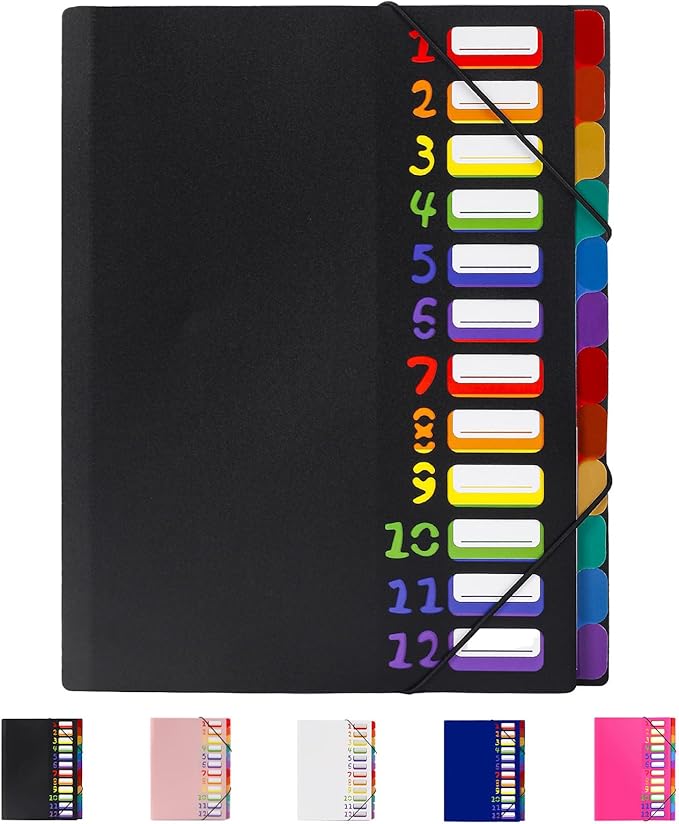 24 Pockets Expanding File Folder Organizer,Accordion File Organizer,A4 Letter Size,Rainbow Tab, for Home/Office/School Document Organizer (Black)
