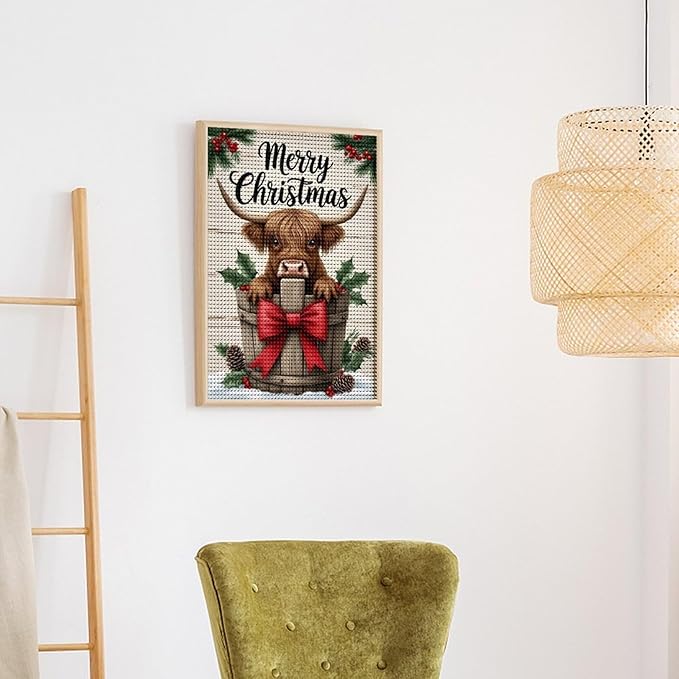 AIVKIEJK Diamond Painting Kits for Adults - Highland Cow Merry Christmas Painting DIY 5D Full Drill Diamond Dots Paintings with Diamonds Gem Art and Crafts Home Decor 12"x16"