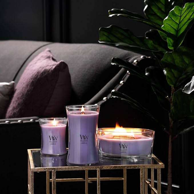 WoodWick Lavender Spa Gifts for Women and Men, 9.7 oz Medium Hourglass Candle with Crackling Wick