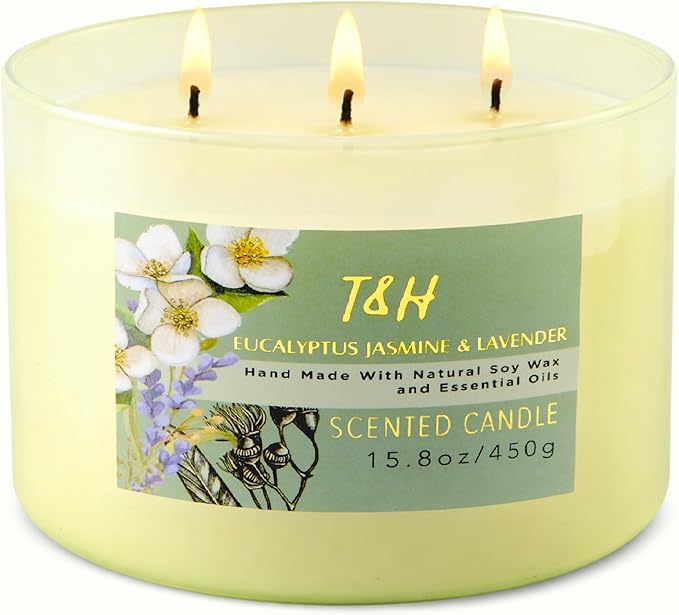 Eucalyptus Jasmine Lavender Scented Candle | 3 Wick Large Soy Candle for Home 15.8oz | Calming Aromatherapy Spa Candle | Strong Scent, Long Lasting, Clean Burn | Stress Relief Gift for Women & Men