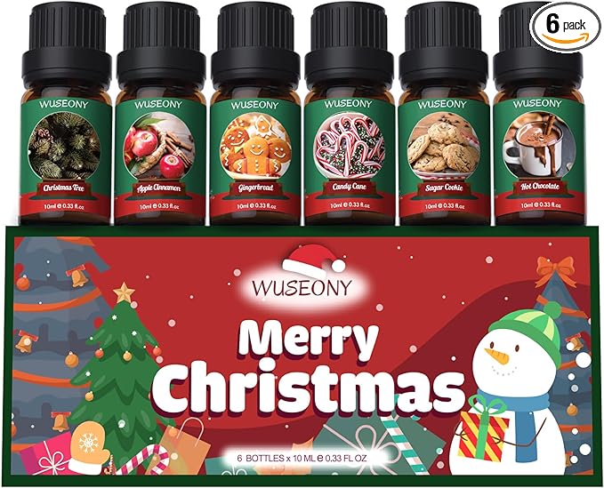 WUSEONY Christmas Fragrance Oils Set, Essential Oils for Diffusers Home, Aromatherapy Oils Gift for Candle Making - Christmas Tree, Apple Cinnamon, Gingerbread, Candy Cane, Sugar Cookie, Hot Chocolate