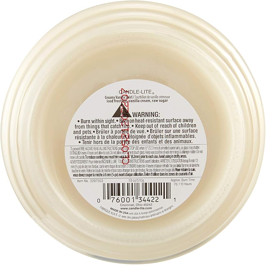 Candle-lite Scented Candles, Creamy Vanilla Swirl Fragrance, One 18 oz. Single-Wick Aromatherapy Candle with 110 Hours of Burn Time, Off-White Color