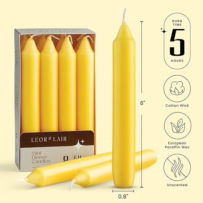 Leor & Lair Short Taper Candles – Pack of 8 Yellow Candlesticks – Unscented 5 Hour Burn Time Yellow Candles for Autumn, Spring Parties & Bright Décor