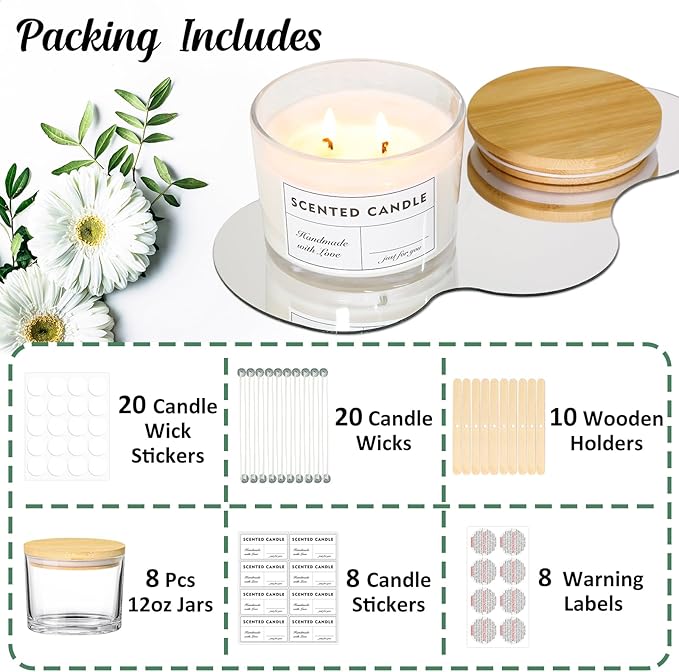 SUPMIND 12oz Candle Jars for Making Candles, 8 Pack Large Clear Glass Empty Candle Jars with Bamboo Lids and Wick Kit, Multiple Wicks Wide Mouth Candle Container Bulk, Ideal for Candle Business