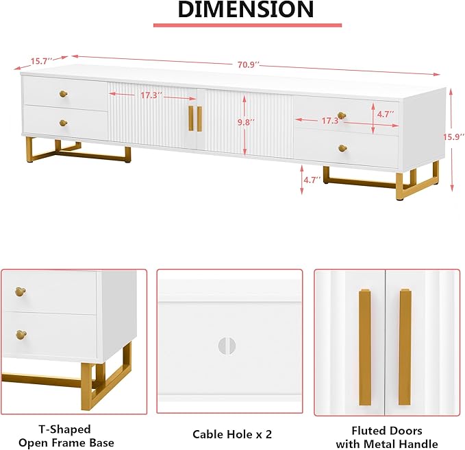 Amposei Modern TV Stand with Drawers for TVs up to 75'', Media Console Storage Cabinet Entertainment Center Furniture for Living Room Bedroom, Gold Metal Legs, 70.9-Inch, White
