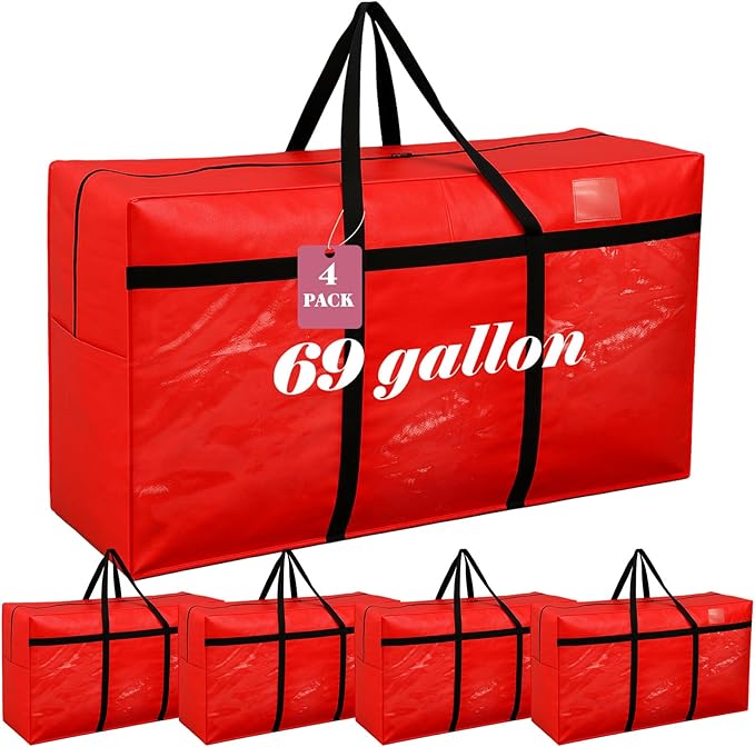 Windyun 4 Pack 69 Gallon Extra Large Moving Bags XXL Heavy Duty Storage Bag with Strong Zipper Handle Jumbo Big Tote Box Foldable for College Dorm Travel Clothes Duffle Blanket Pillow(Red)
