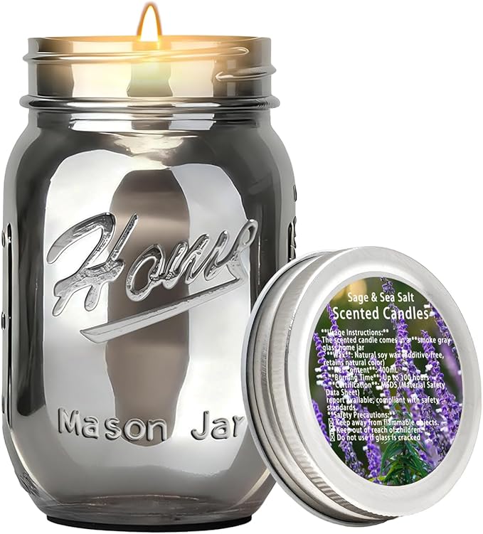 Scented Candle Smoke Gray Sands Scented, Classic 22oz Large Jar Single Wick Candle, Over 110 Hours of Burn Time, Perfect for Creating Relaxing Atmosphere (Sage and Sea Salt)