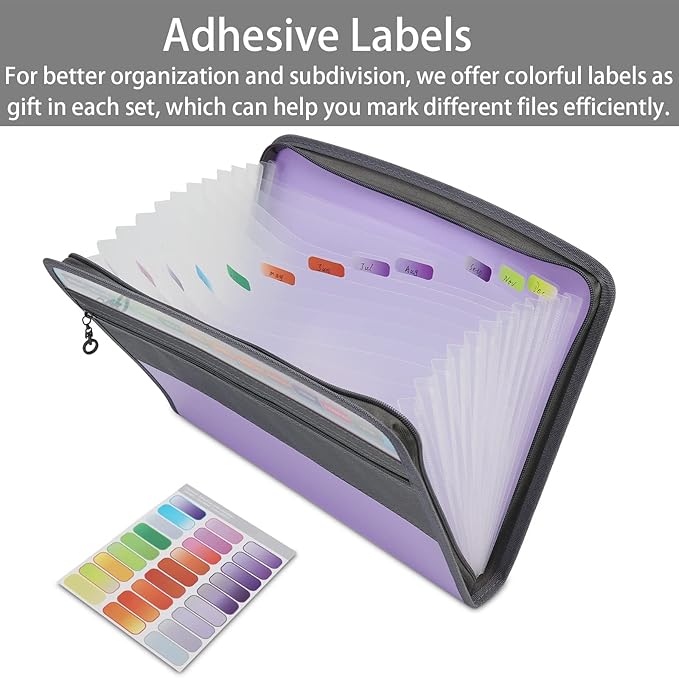 NAFY Accordion File Organizer, 13 Pockets Expanding File Folder with Zipper, A4 Letter Size Portable Accordion Expanding File Folders with 27pcs Colour Labels for Home Office School Supplies (Lilac)