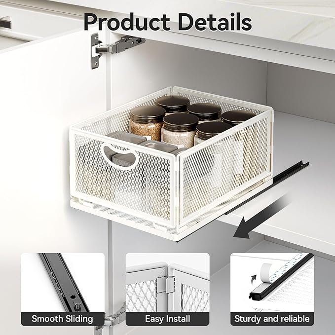 Pull Out Cabinet Organizer, No Drill Adhesive Sliding Drawers for Kitchen, Metal Mesh Wire Storage Shelf for Pantry & Under Sink, White (9.6" W x 11.8" D x 6.1" H)