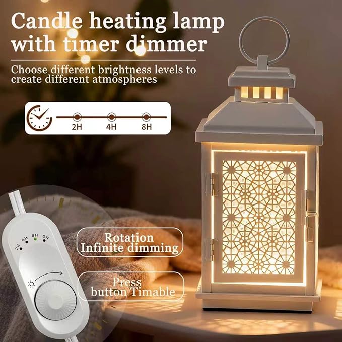 White Candle Warmer Lamp with Timer – Stepless Dimming, Auto Shut-Off 2H/4H/8H, Top-Down Heating for Large Jar Candles, Flameless Enclosed Lantern Style, Farmhouse Decor, Housewarming Gift (2 Bulbs)