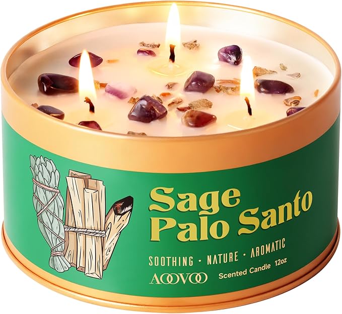 AOOVOO Sage & Palo Santo Candle for Cleansing - 3 Wick 12oz Large Scented Candle with Amethyst Crystals, Sage & Palo Santo Inside, Non-Toxic Soy Candle for Meditation Spiritual Healing Gift
