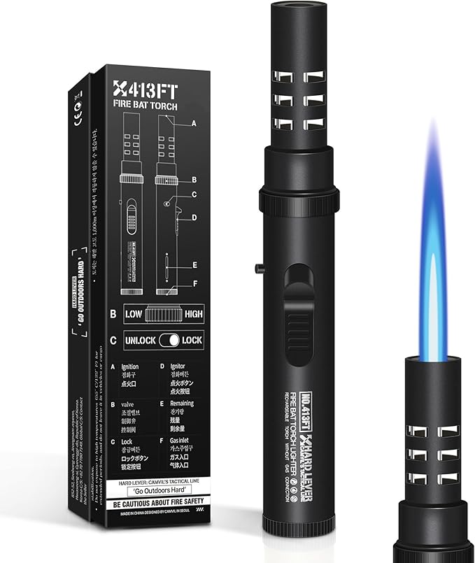 Camping Lighter, Torch Lighter, Windproof Jet Flame Butane Refillable Adjustable Flame with Safety Lock&Fule Guage for Campfires Kitchen Hiking Candles Fireplace BBQ Outdoor Camping Essentials(Black)