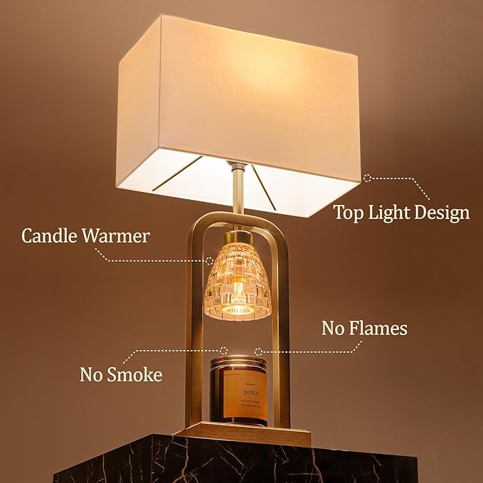 PoKat Electric Candle Warmer Lamps Gold, Lamp Candle Warmers with Timer Dimmer, Wax Light Warming Table Lamps Set of 2 for Jar Candles, Modern Bedside Lamp for Home Decor Living Room, Bulb Included