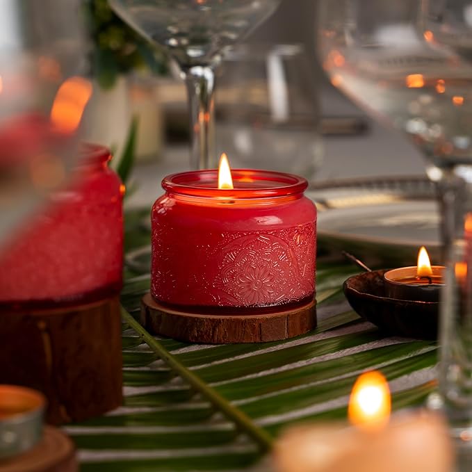18-Pack 4oz Embossed Glass Candle Container with Bamboo Lids and Labels, Red Candle Jars for Making Candles, Mandala Design