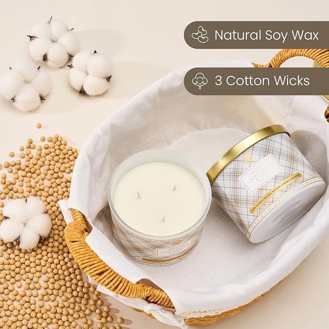M&SENSE Plaid Pattern 3 Wick Soy Candles,11.64 oz Large Cactus Flower&Sage Scent Candle for Relaxation, Gifting, Home Décor | for Bedroom, Office, Party