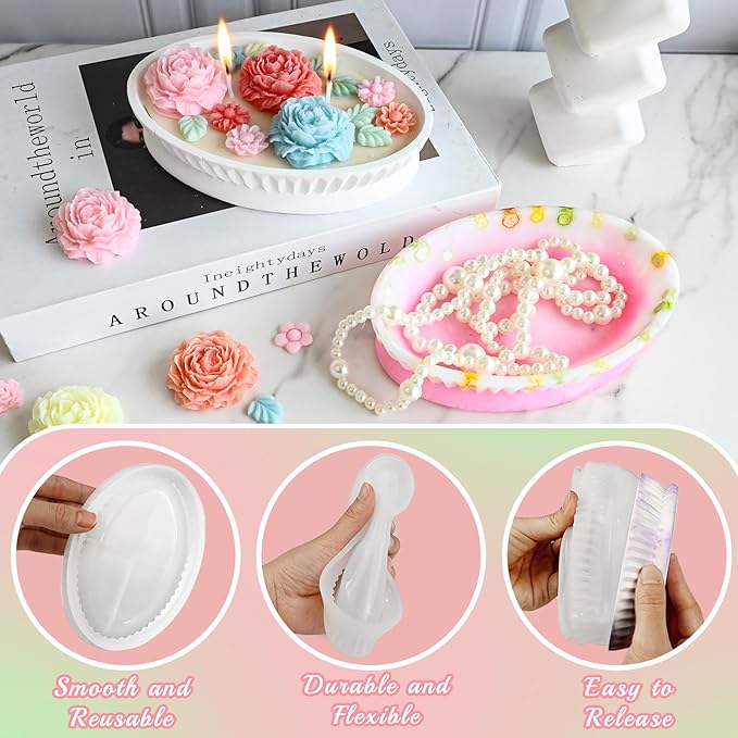 Peony Candle Molds, 3Pack Peony Silicone Molds for Candle Making, Peony Flower and Elliptical Candle Vessel Mold Set for Handmade Scented Aromatherapy Candles, Mothers Day Gifts