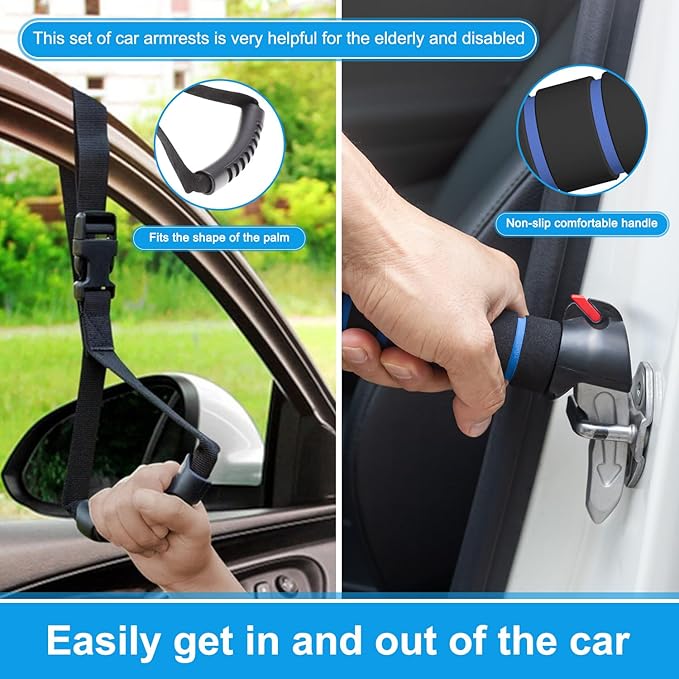Shouken Elderly Car Handle Assist,Car Door Handle for Elderly,Support Multifunction Door Latch for Seniors and Handicapped (Blue - 2 Pack Car Handle + Strap)