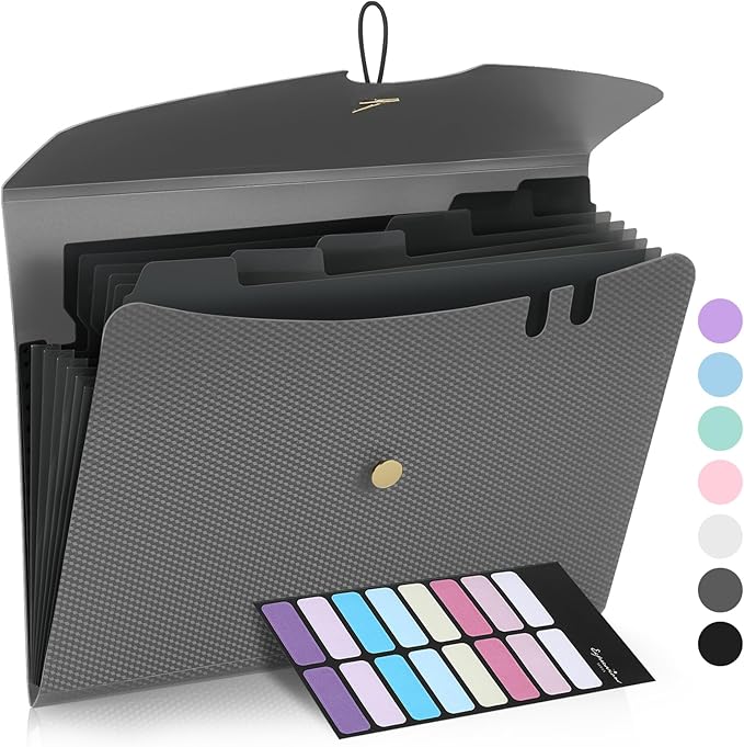 Sooez 7 Pocket Expanding File Folder, Premium Accordion File Organizer, Letter Size Folders for Documents, Sleek Filing Folders with Bungee Closure, Portable Folders for School Office Supplies, Grey