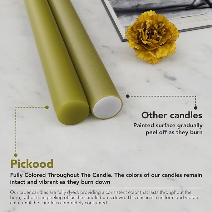 10-Inch Tall Dripless Taper Candles Set of 4 - Olive Green Tapered Candles, Perfect for Halloween - Smokeless, Unscented, Long Burning - Hand Poured, Colored Tall Candlesticks - Oliva