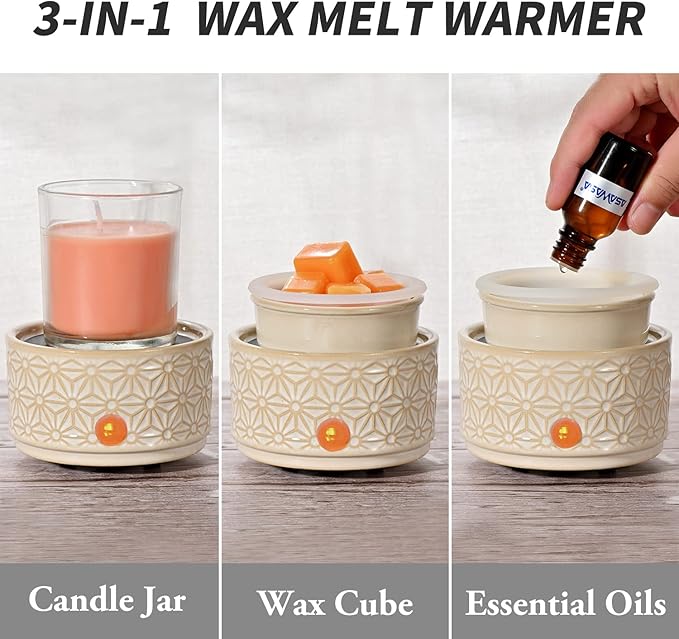 ASAWASA Candle Wax Melt Warmer with 1 pc Silicone Liner,Ceramic Wax Warmer,3-in-1 Candle Wax Melter and Fragrance Warmer for Warming(White Hexagon Pattern)