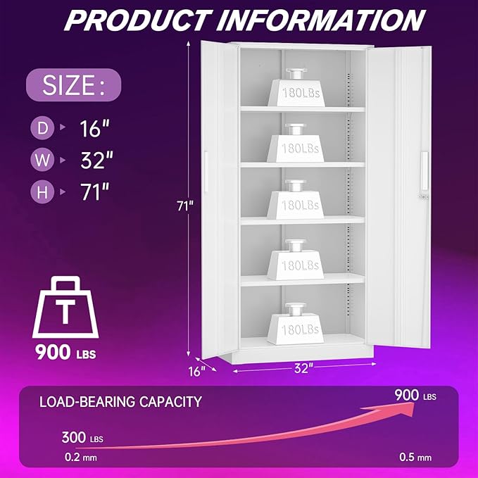 Superday Metal Storage Cabinets, 71" Steel Storage Cabinet with Lock, Tall White Cabinet with 2 Doors and 4 Adjustable Shelves for Garage, Home Office, Classroom, File, Easy Assemble