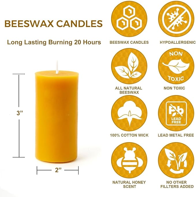 100% Pure Natural Beeswax Pillar Candles-20 Hours Long Burning Time Emergency Beeswax Candles | Organic Bees Wax for Home, Prayer, Christmas, Party | Unscented, Smokeless, Dripless 1 Pack (2×3 inch)