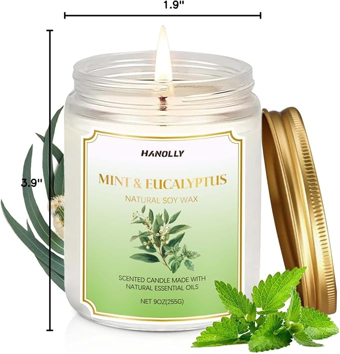 Mint & Eucalyptus Candle, 9 oz Scented Candles for Home Soy Candle Wax, Aromatherapy Candles for Women Men, Birthday Christmas Gifts, Perfect for Creating a Relaxing Ambiance