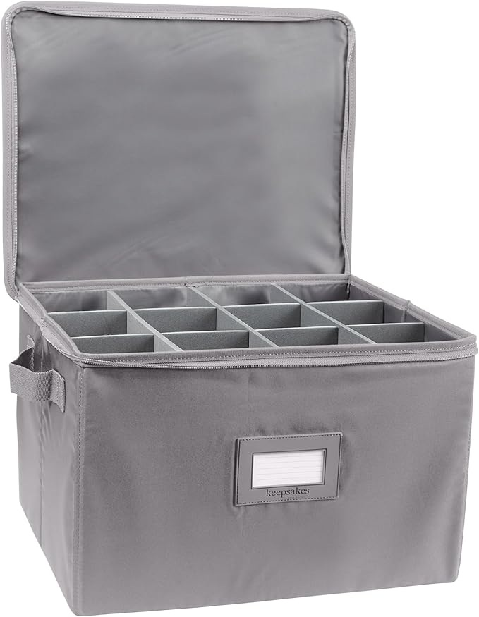 Covermates Cup and Mug Storage Box with Dividers, Stackable Organizer for Coffee Mugs & China Cups, Heavy-Duty Polyester with Handles, Zipper Closure & ID Window, Graphite